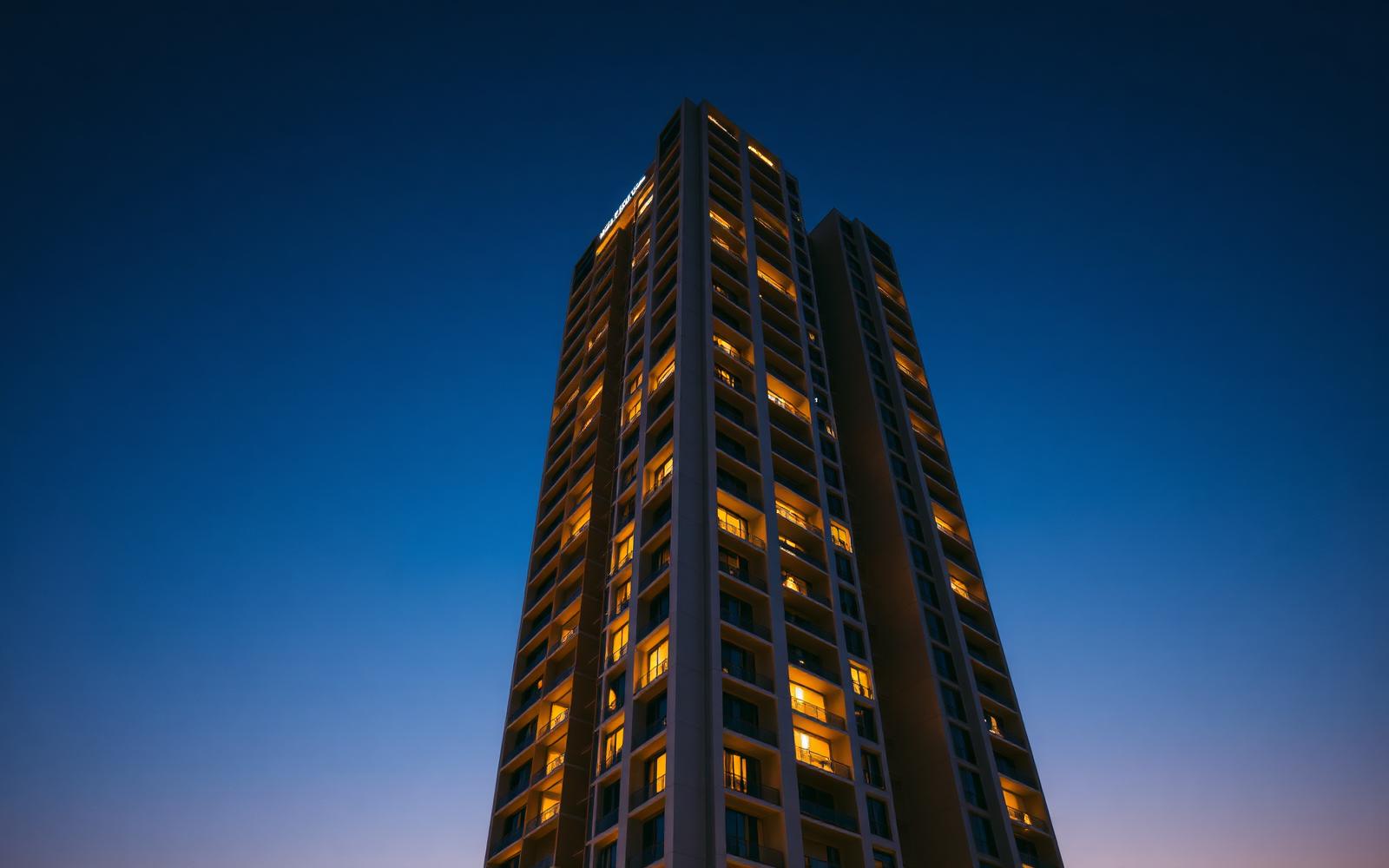 Illuminated luxury high-rise residential tower at dusk - Karn Consulting real estate growth marketing