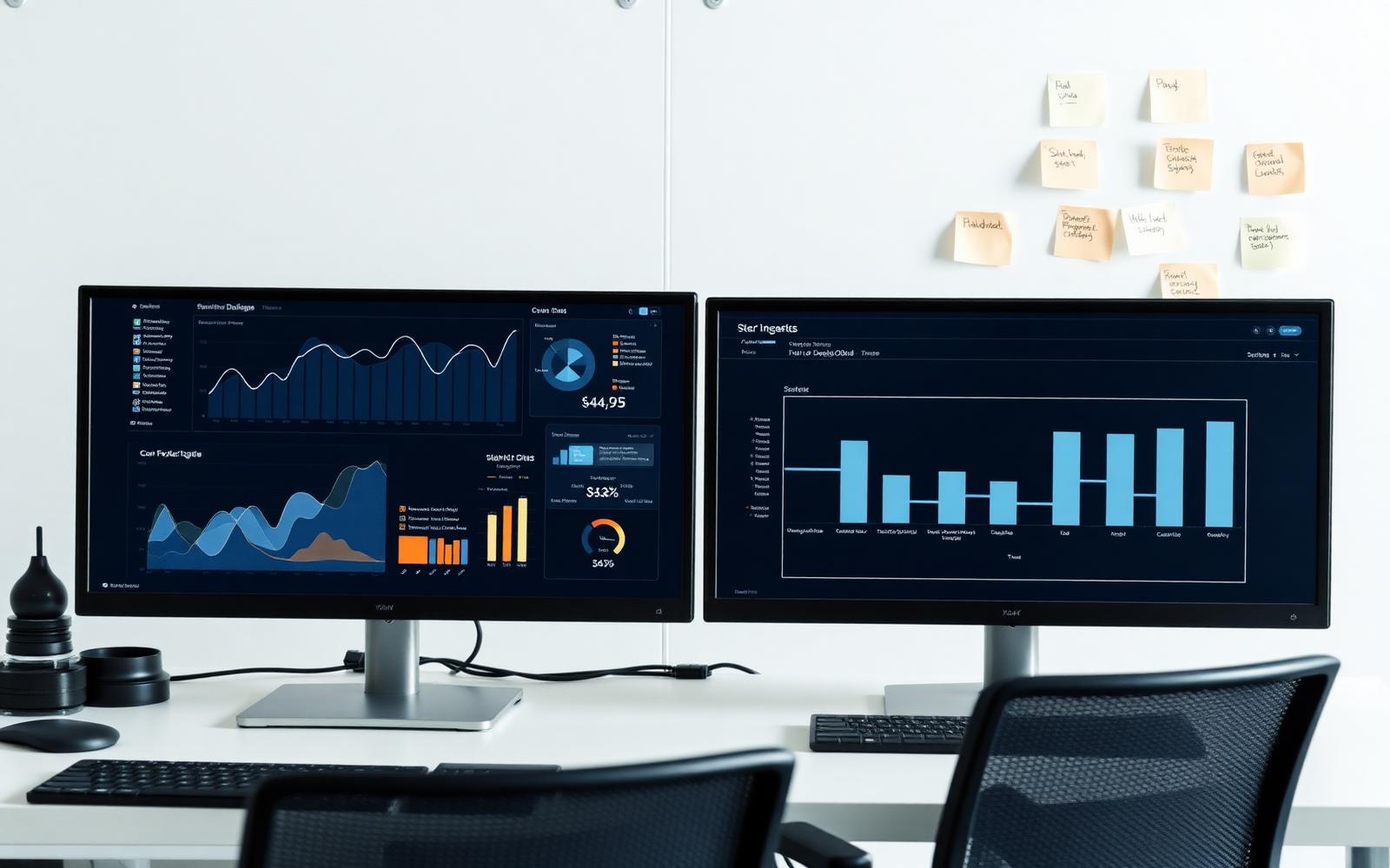 B2B SaaS workspace with dual monitors showing pipeline analytics dashboards and sticky-note roadmap