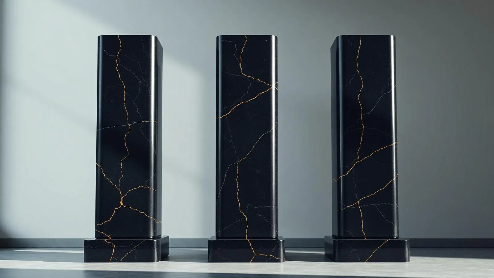 Three black stone pillars repaired with gold kintsugi seams - AI Agents, Growth Systems, Full-Funnel Growth