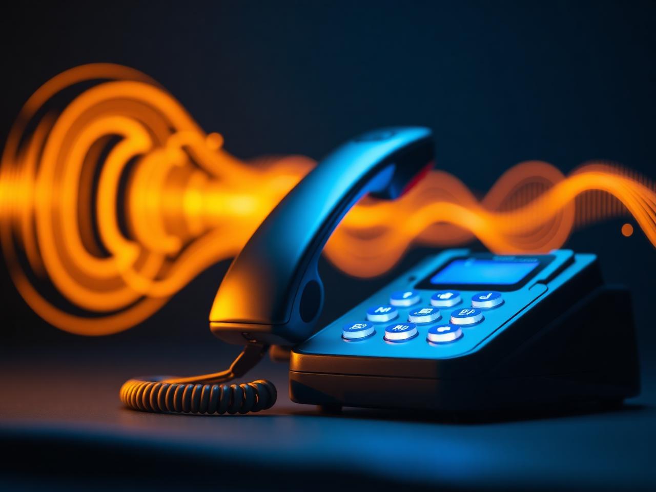 Glowing telephone handset with abstract gold sound waves - AI Receptionist 24/7