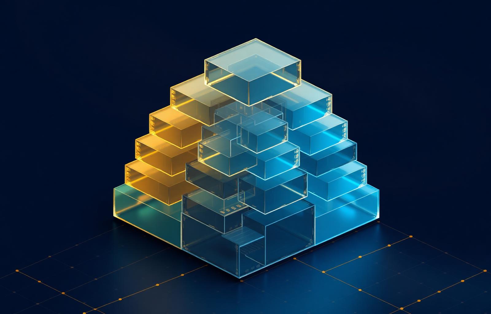 Isometric blueprint of glass tool blocks, gold kept and blue deprecated - MarTech Audit