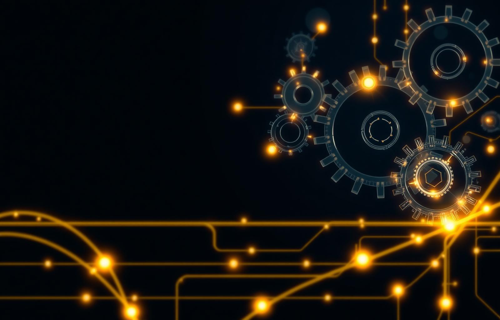 Interlocking gears and workflow nodes connected by gold pipelines - RevOps Retainer