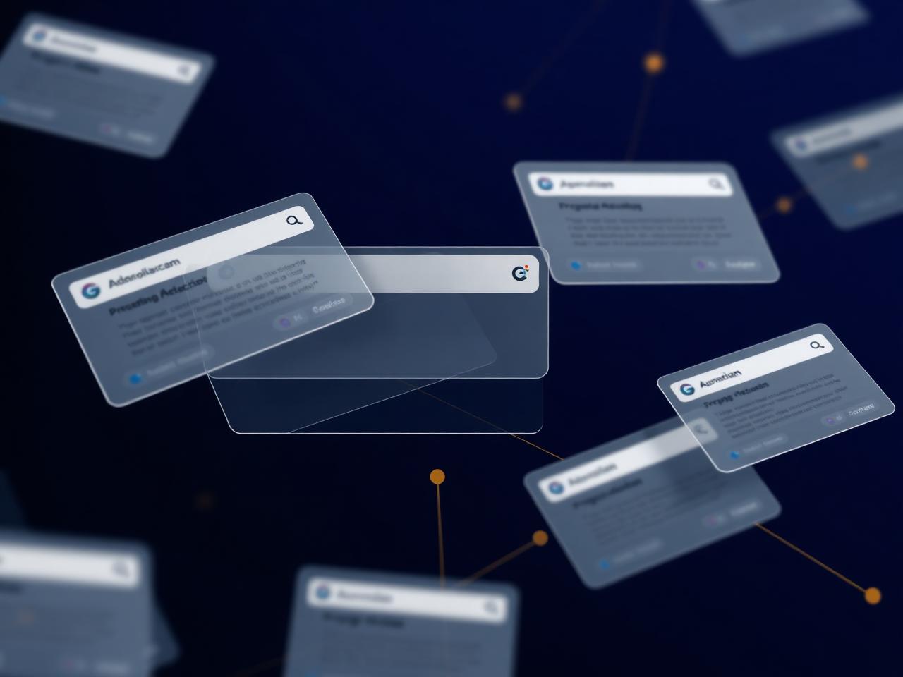 Floating translucent search-result cards on a knowledge graph - SEO + GEO Retainer