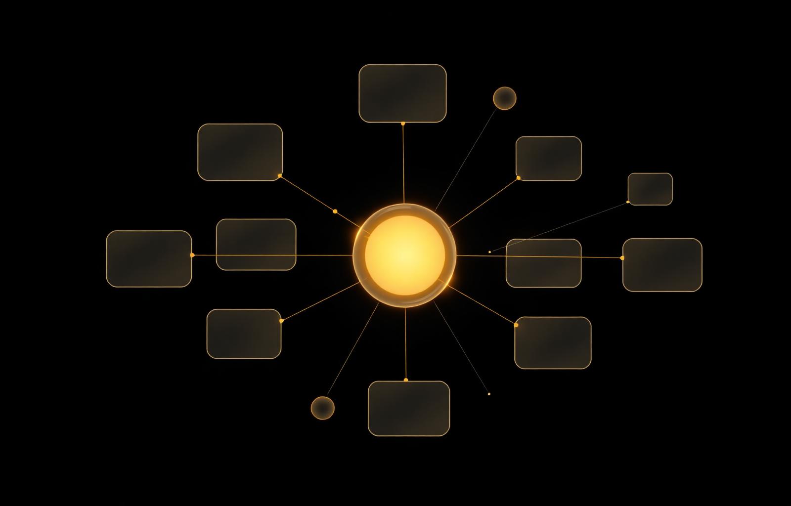 Constellation of chat bubbles around a glowing knowledge node - AI Support Agent