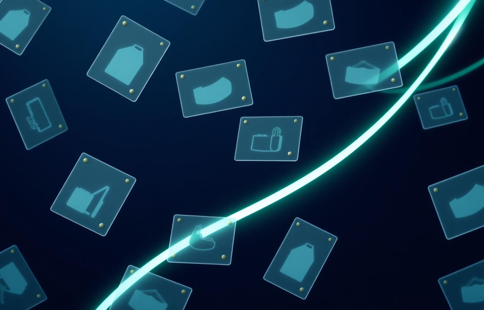 Mint-green message ribbon weaving through translucent product cards - WhatsApp Commerce Agent