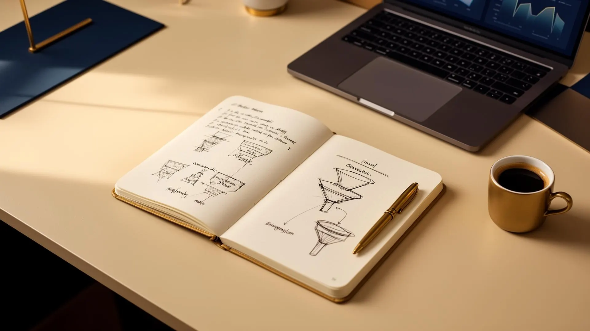 Operator's notebook with hand-drawn growth funnels next to a laptop dashboard and espresso